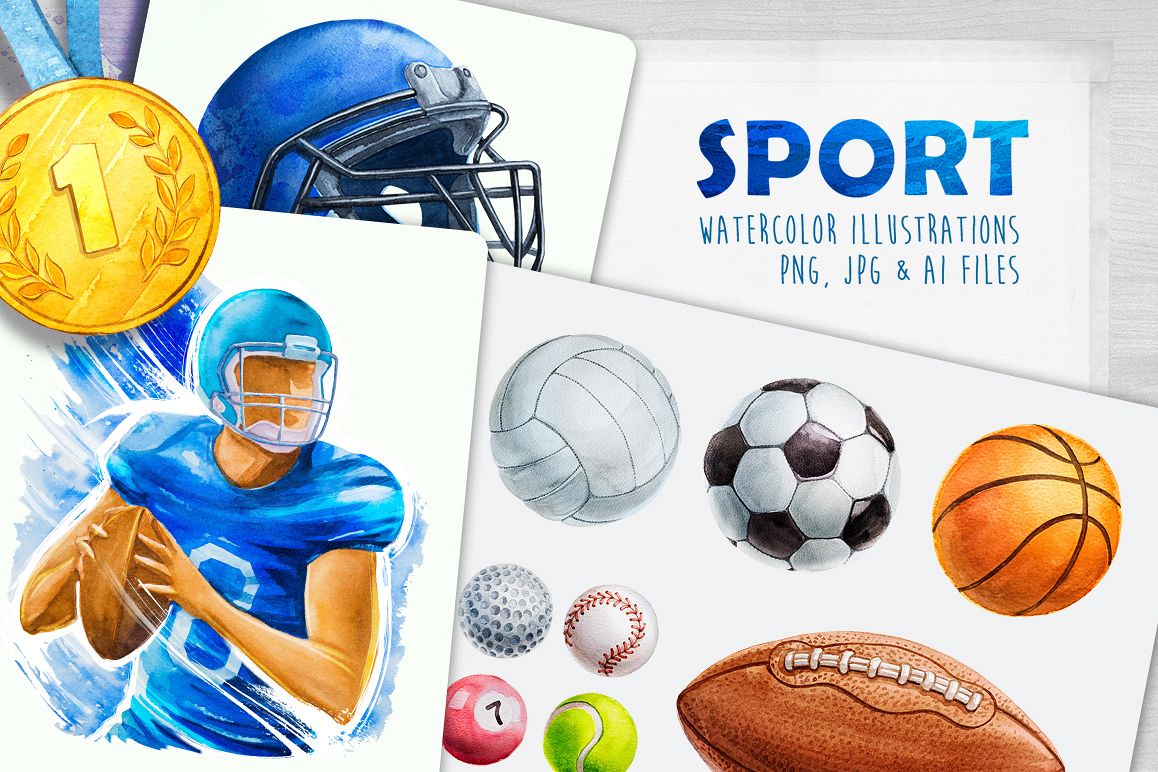 Sport. Watercolor illustrations. example image 1