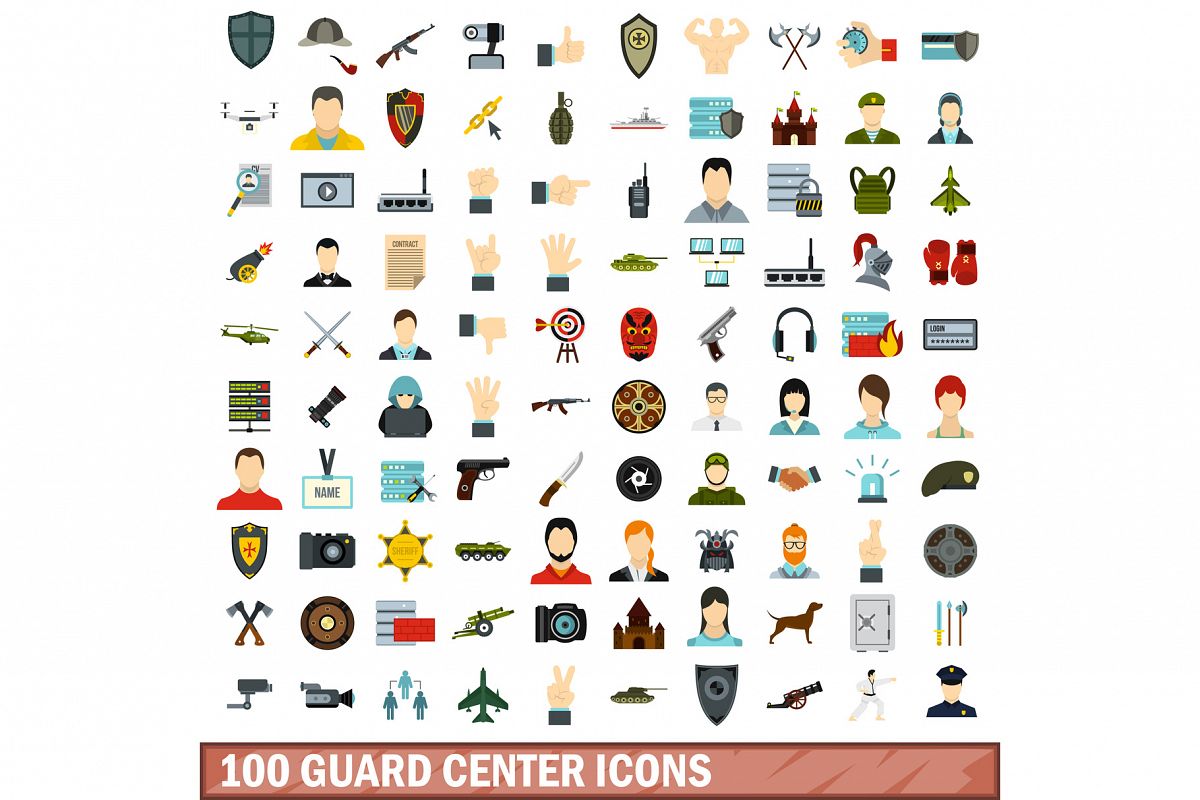 100 guard center icons set, flat style example image 1