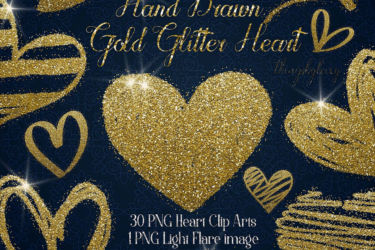 30 Gold Glitter Hand Drawn Heart Clip Arts Wedding Valentine example image 1