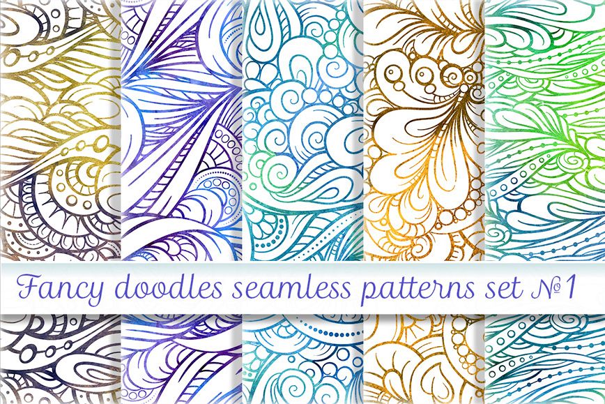 Fancy doodles seamless patterns set #1 example image 1