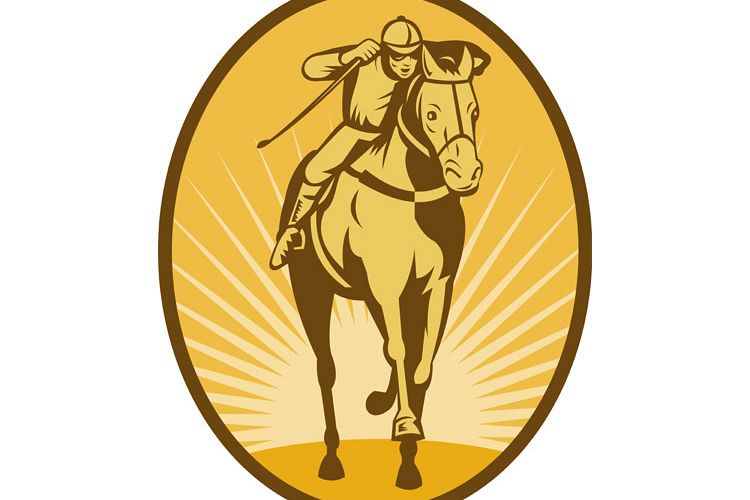 Horse and jockey racing front view example image 1