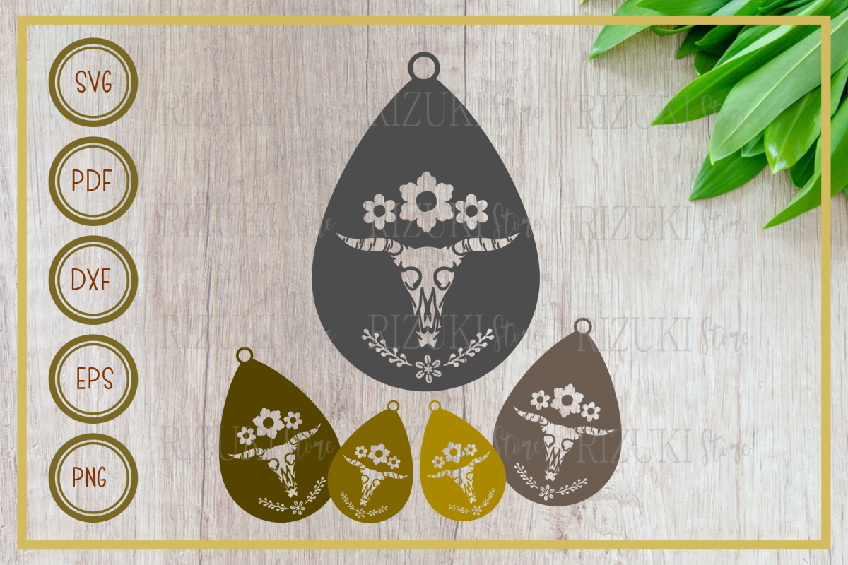 Earring svg, cow skull flowering, instant download, cut file example image 1