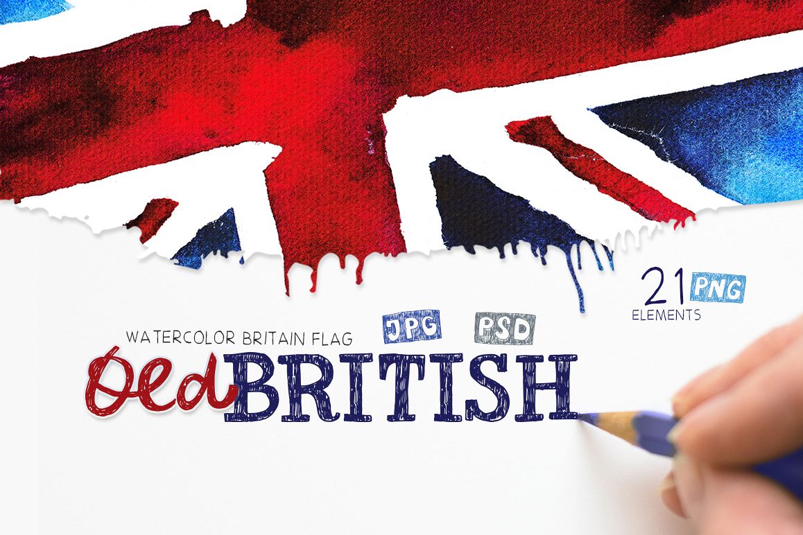 Old British. Watercolor britain flag. United Kingdom. example image 1