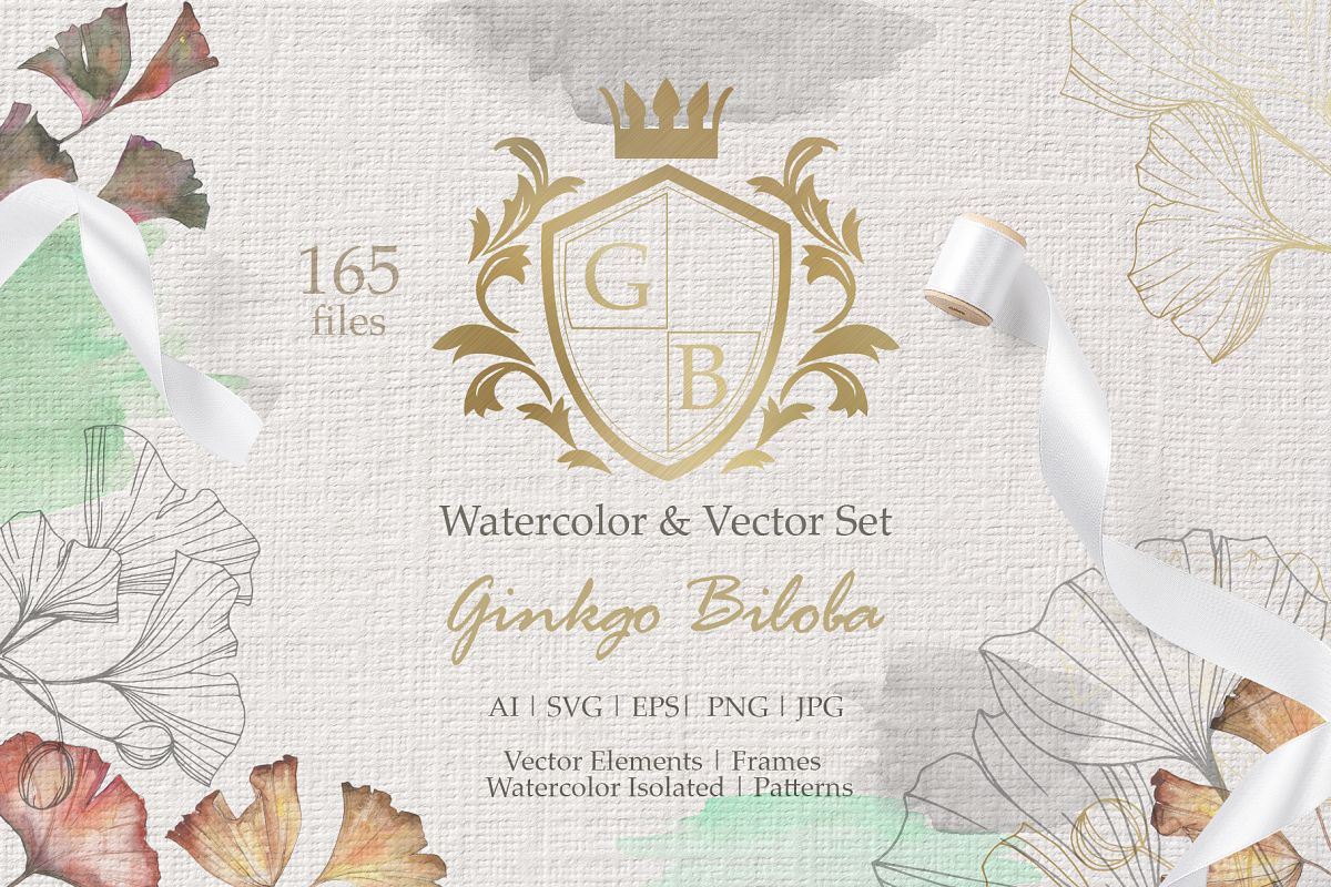 Ginkgo Biloba watercolor and vector set example image 1