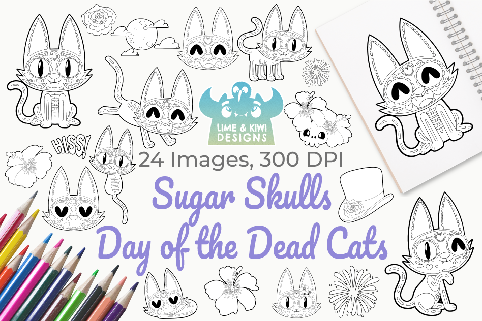 Sugar Skulls Day of the Dead Cats Digital Stamps example image 1