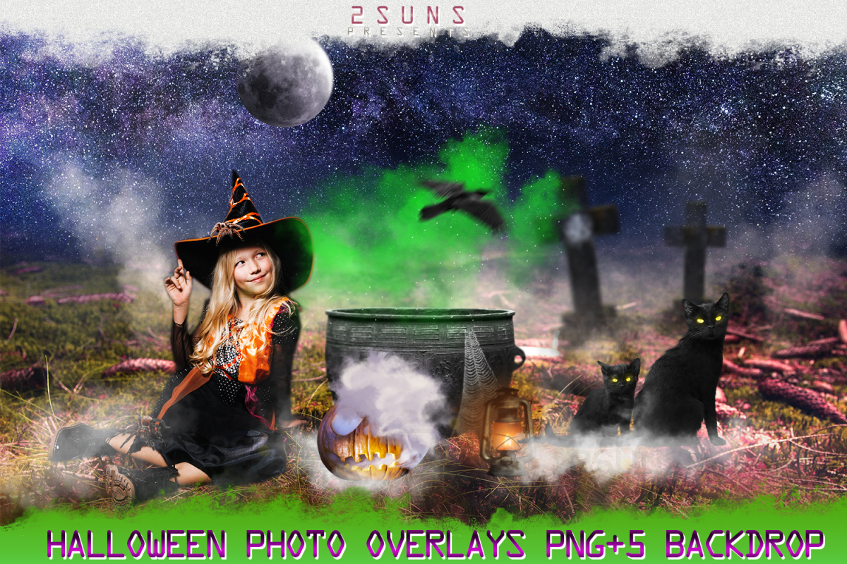 Halloween overlays, Pumpkin, Raven, Cat, Spider, Backdrop example image 1