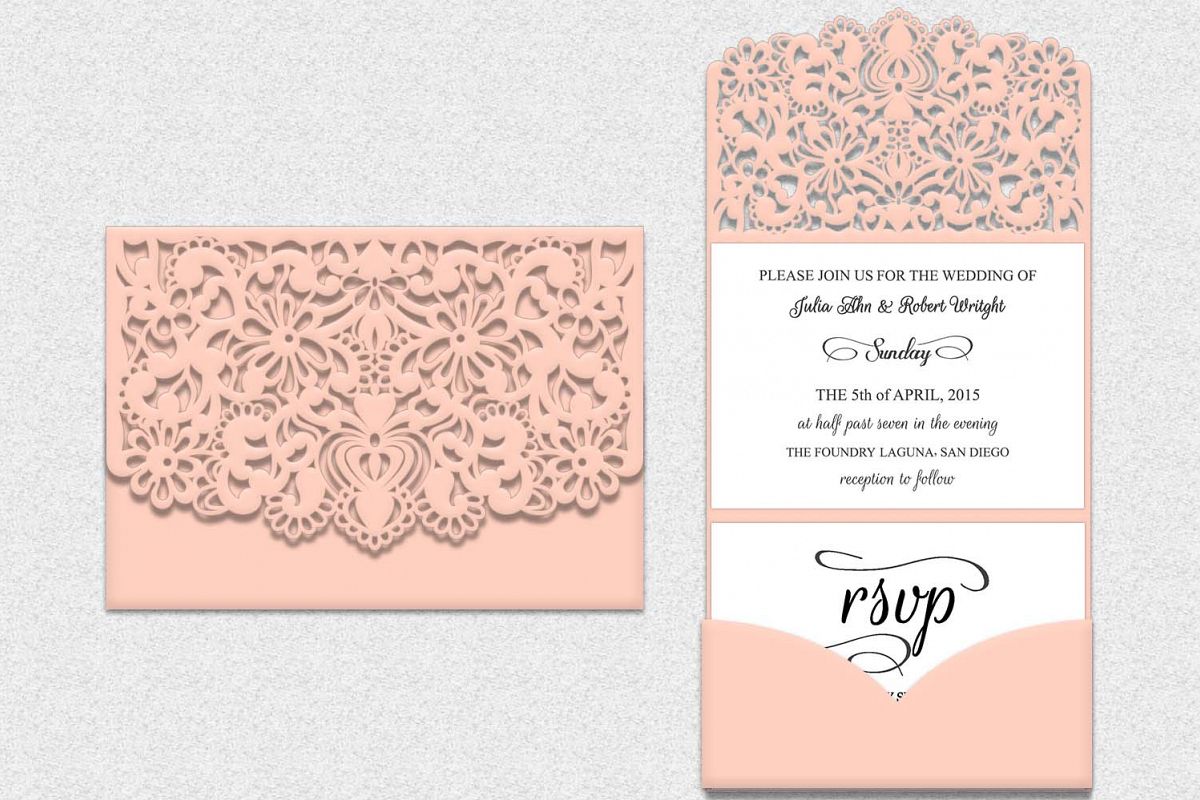 Download Tri Fold Lace pocket envelope Wedding Invitation laser cut