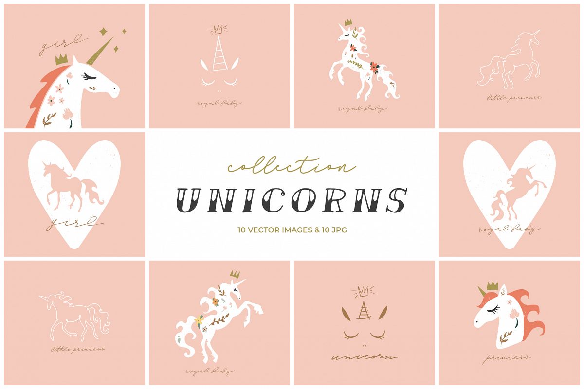 Vintage unicorns clip art, nursery animals, vector graphics example image 1
