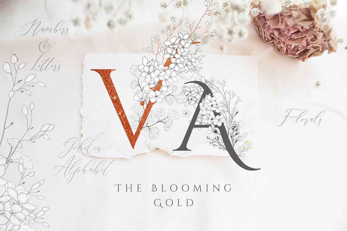 Blooming Gold Floral Letters Numbers example image 1