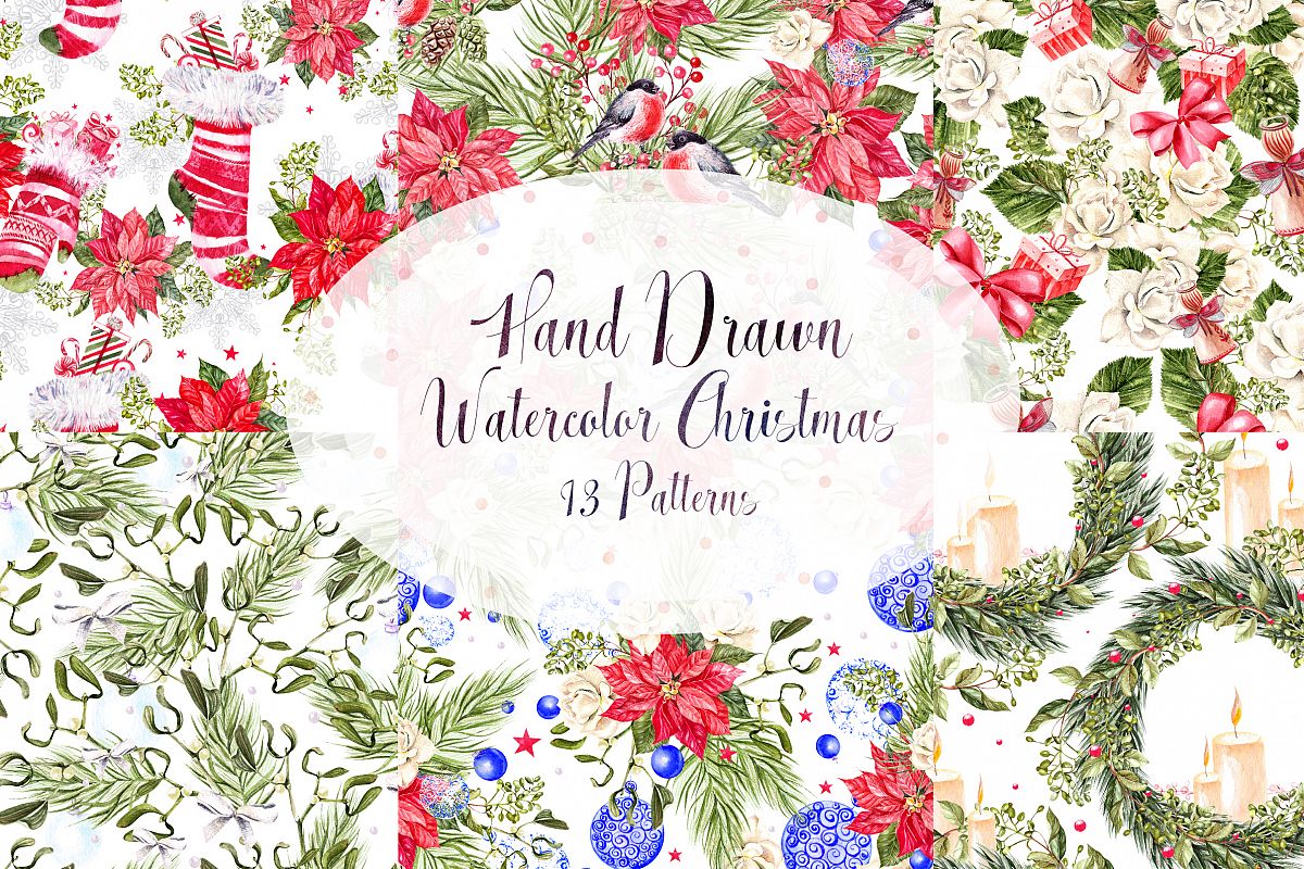 Hand Drawn Watercolor Christmas 13 Patterns example image 1