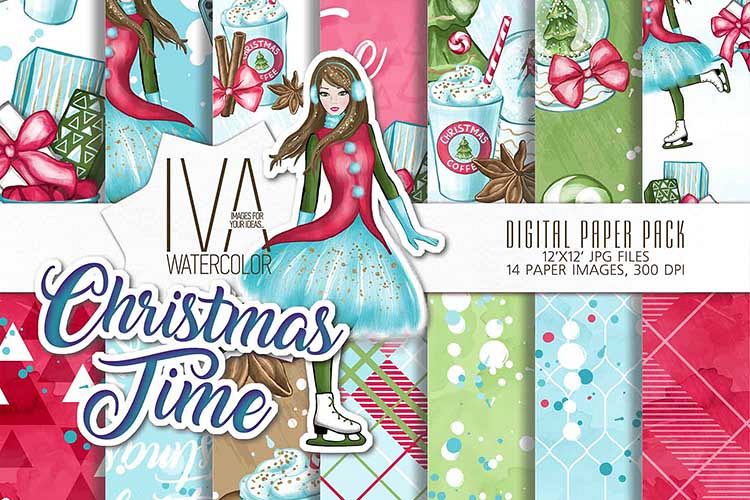 Christmas Digital Paper Pack, Christmas Scrapbook example image 1