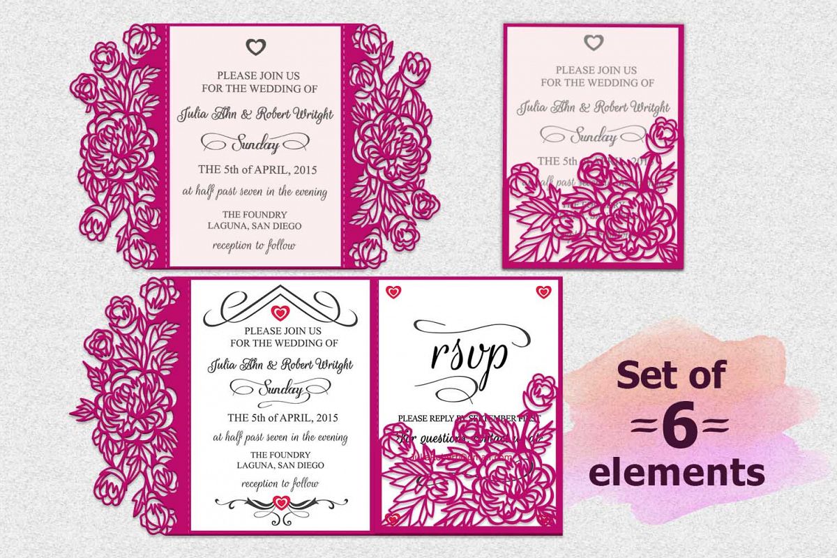 Download peonies wedding invitation set laser cut templates svg dxf (96256) | Card Making | Design Bundles