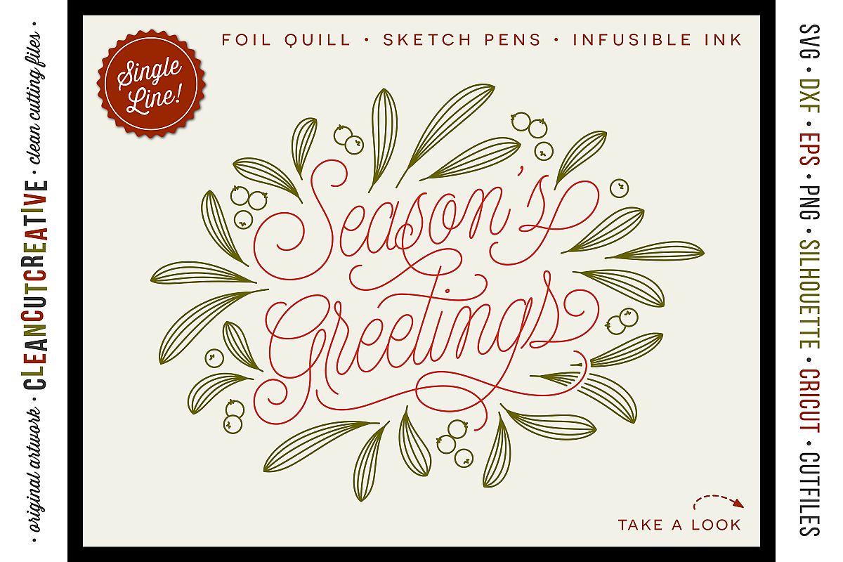 Foil Quill Season's Greetings single line Christmas file SVG example image 1