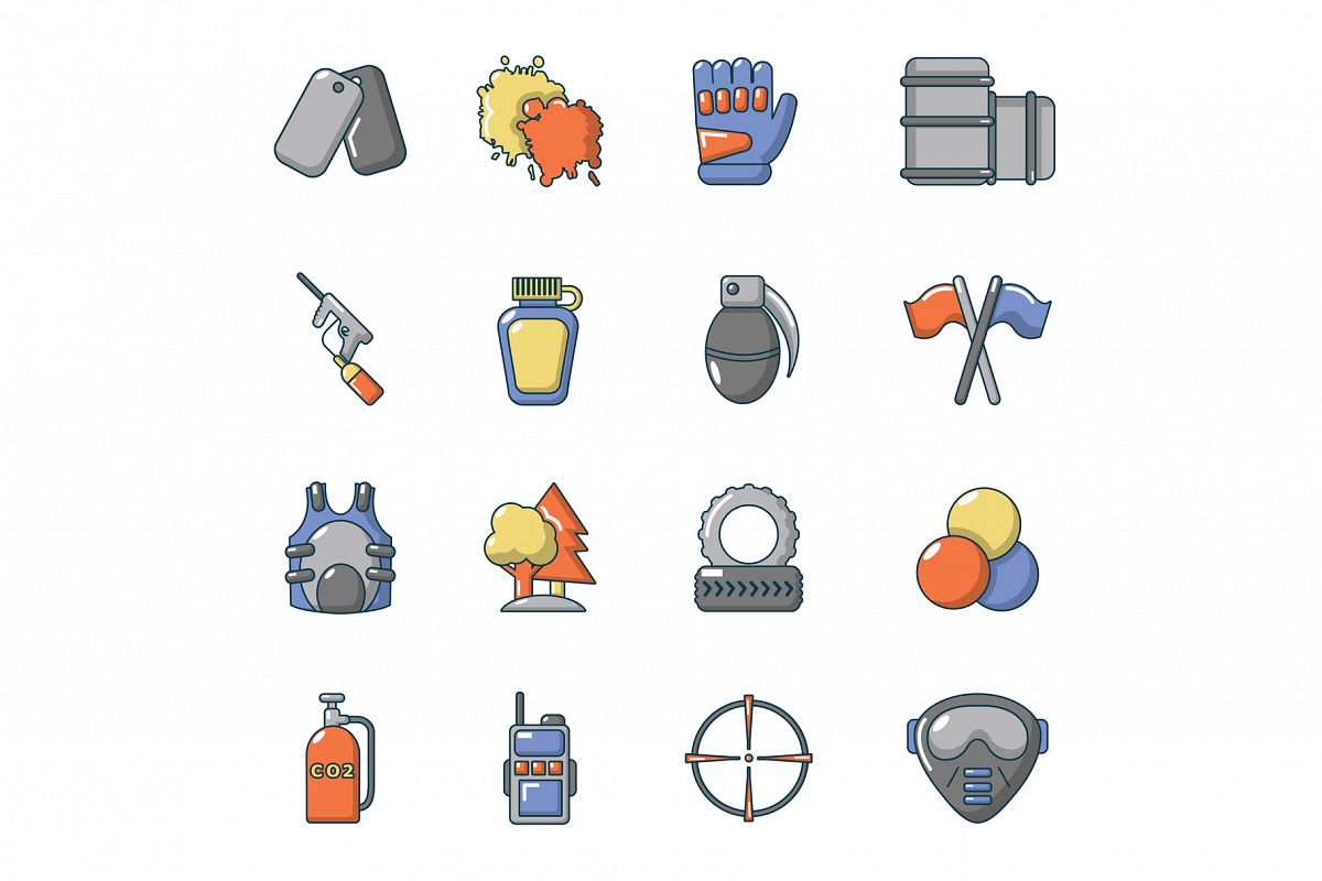 Paintball icons set, cartoon style example image 1