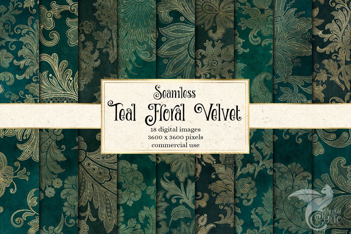 Teal Floral Velvet Digital Paper example image 1
