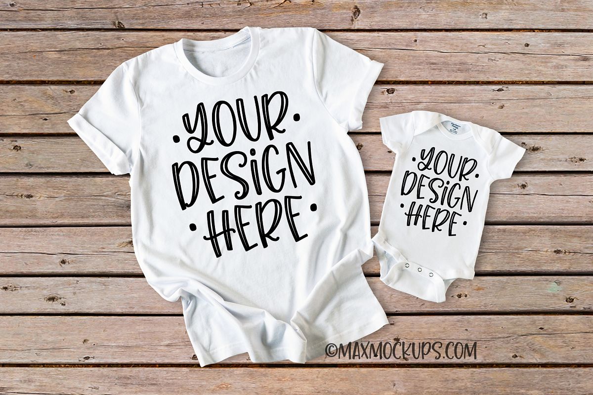 White t-shirt and baby bodysuit Mockup, wood backdrop example image 1