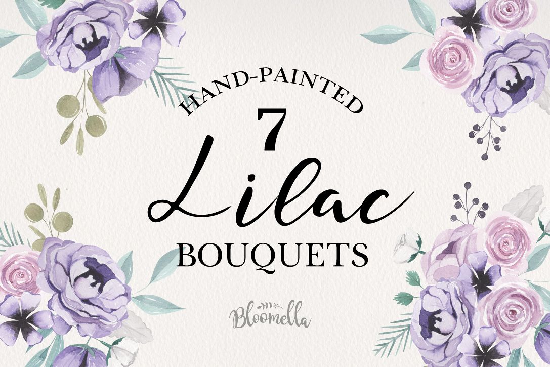 Lilacs 7 Bouquets Watercolor Florals Purple Set Leaf Flowers example image 1