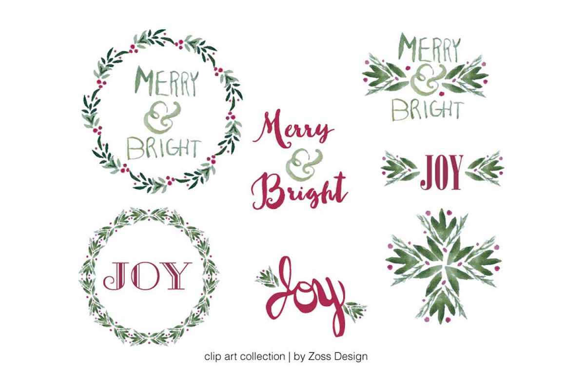 Merry & Bright watercolor clipart example image 1