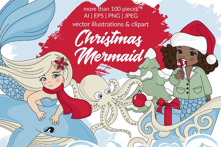 CHRISTMAS MERMAID Vector Illustration Set example image 1
