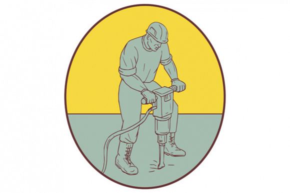Construction Worker Operating Jackhammer Oval Drawing example image 1
