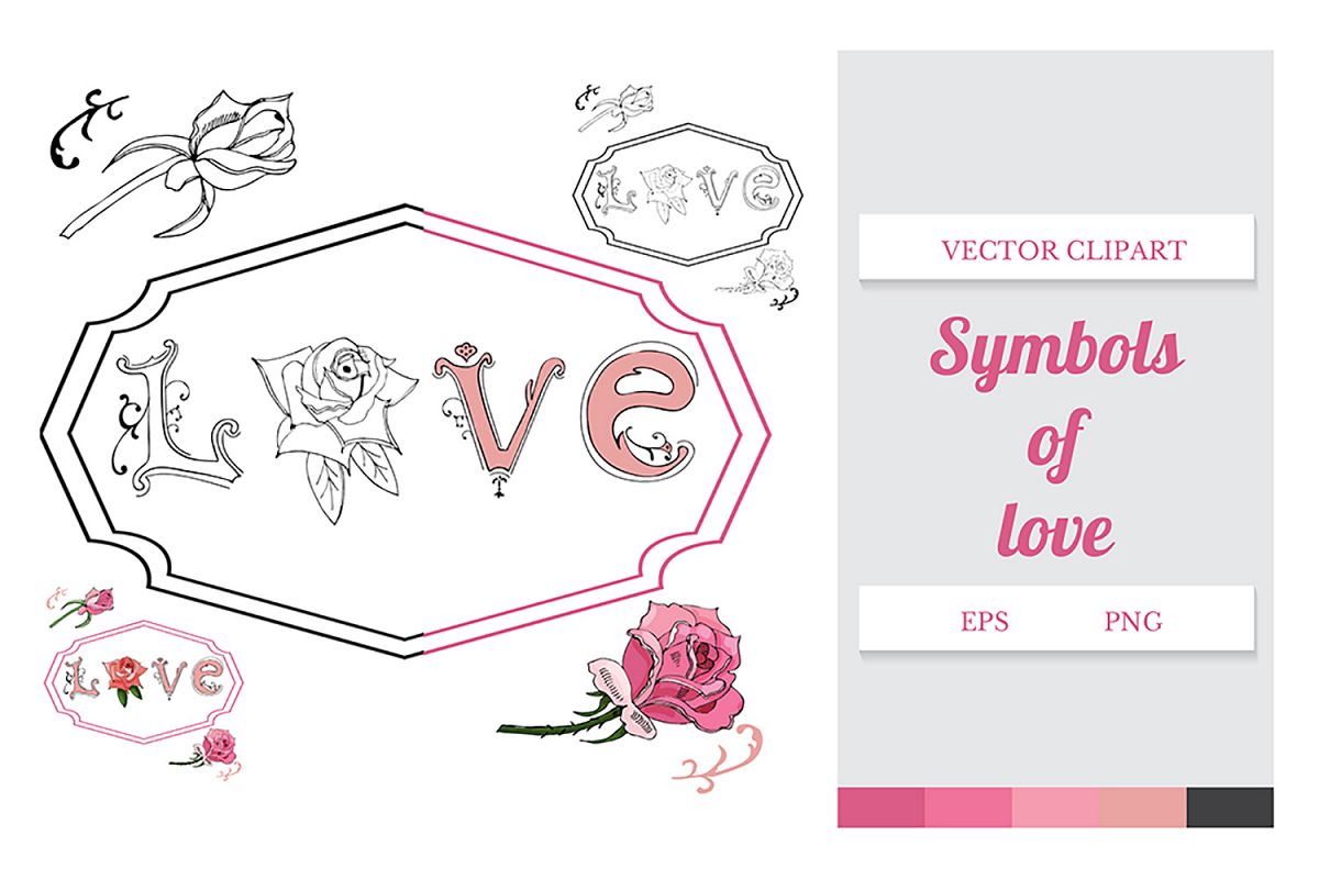 Hand drawn set of letters, roses and frame. Vector. example image 1
