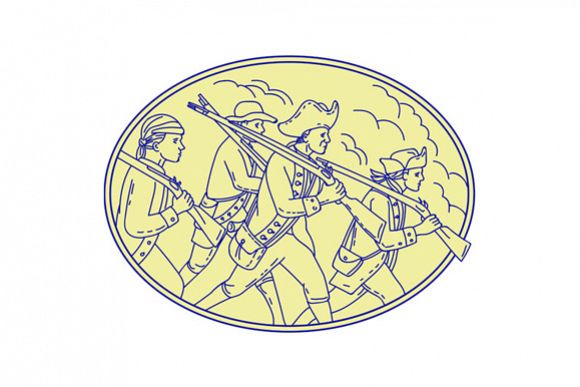 American Revolutionary Soldiers Marching Oval Mono Line example image 1