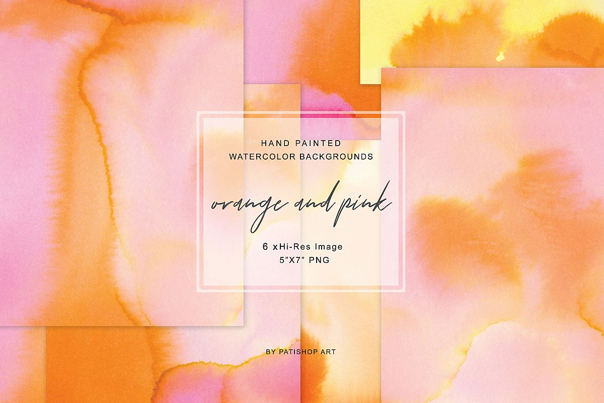 Hand Painted Watercolor Background Orange & Pink 5x7 example image 1