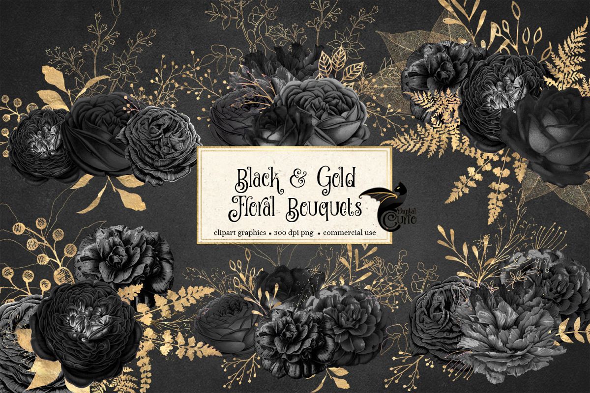 Black and Gold Floral Clipart example image 1
