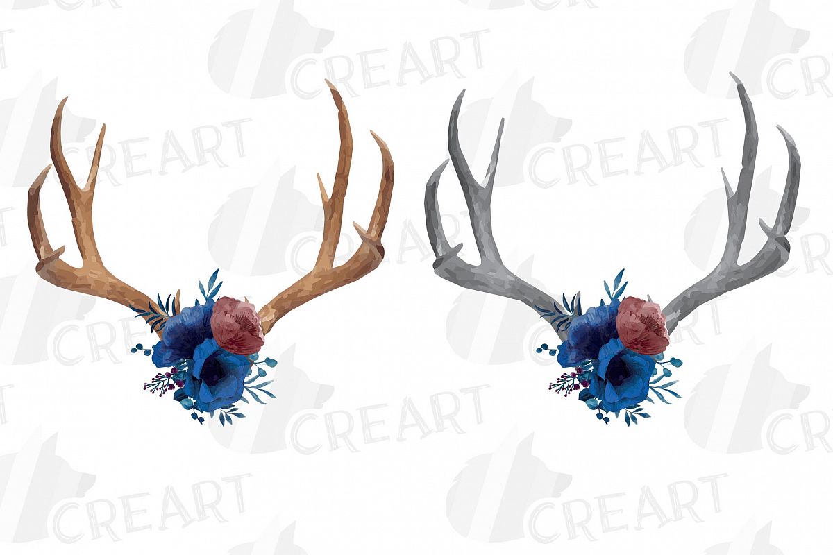 Watercolor navy blue floral deer horn decor clip art, India example image 1