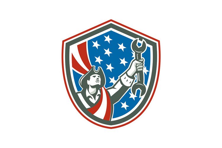 American Patriot Mechanic Holding Spanner Shield Retro example image 1