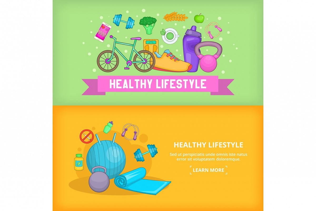 Fitness banner set template, cartoon style example image 1