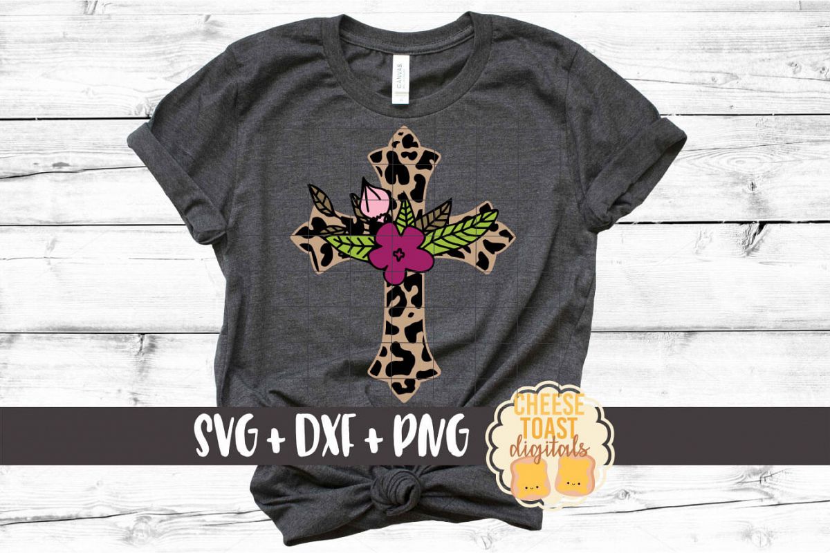 Floral Leopard Print Cross - Religious Easter SVG PNG DXF example image 1