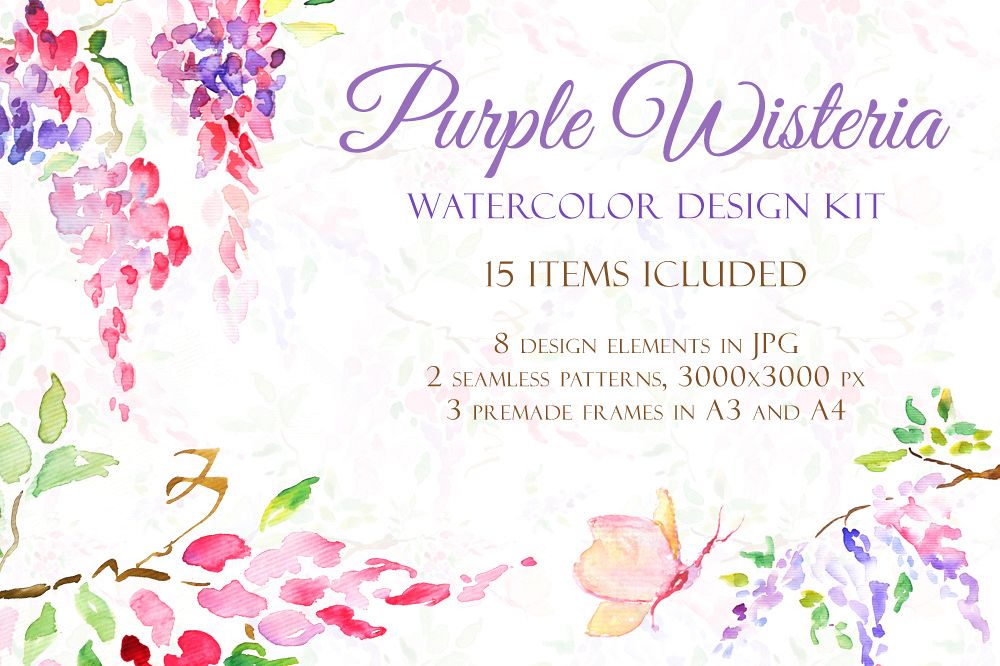Watercolor Purple Wisteria - Handmade clipart and design kit example image 1