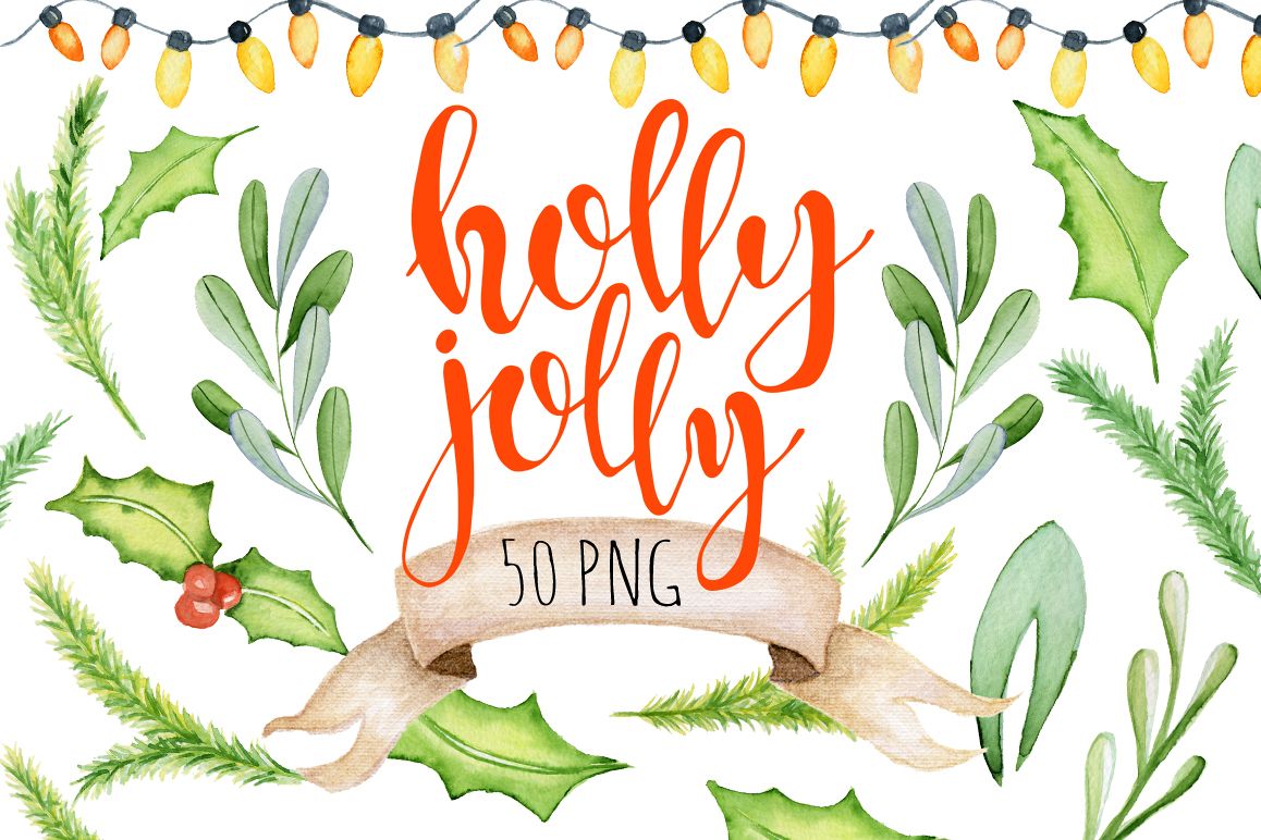 Christmas floral watercolor clipart Holly Jolly example image 1