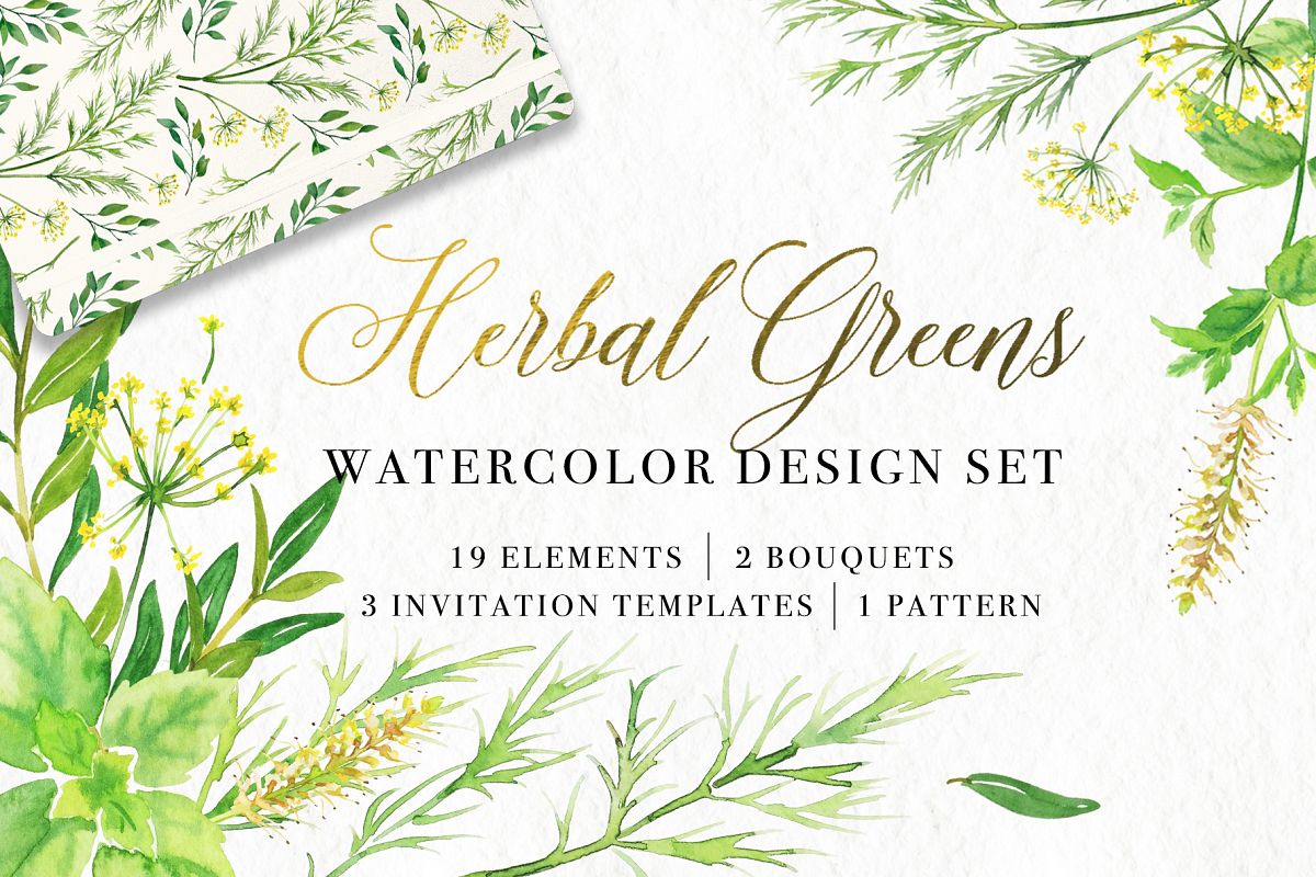 Herbal Greens Watercolor Set example image 1