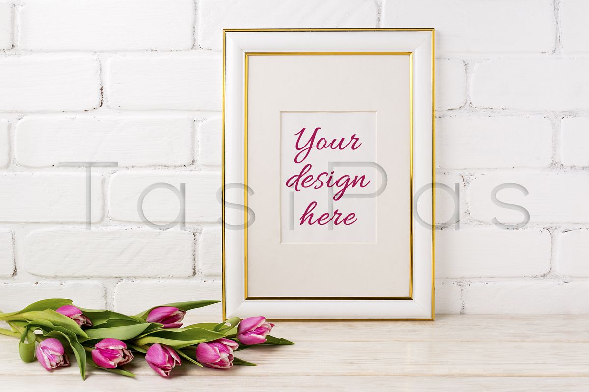 Gold Decorated Frame Mockup With Magenta Tulips Bouquet Gold Decorated Frame Mockup With Magenta Tulips Bouquet Example Image 1