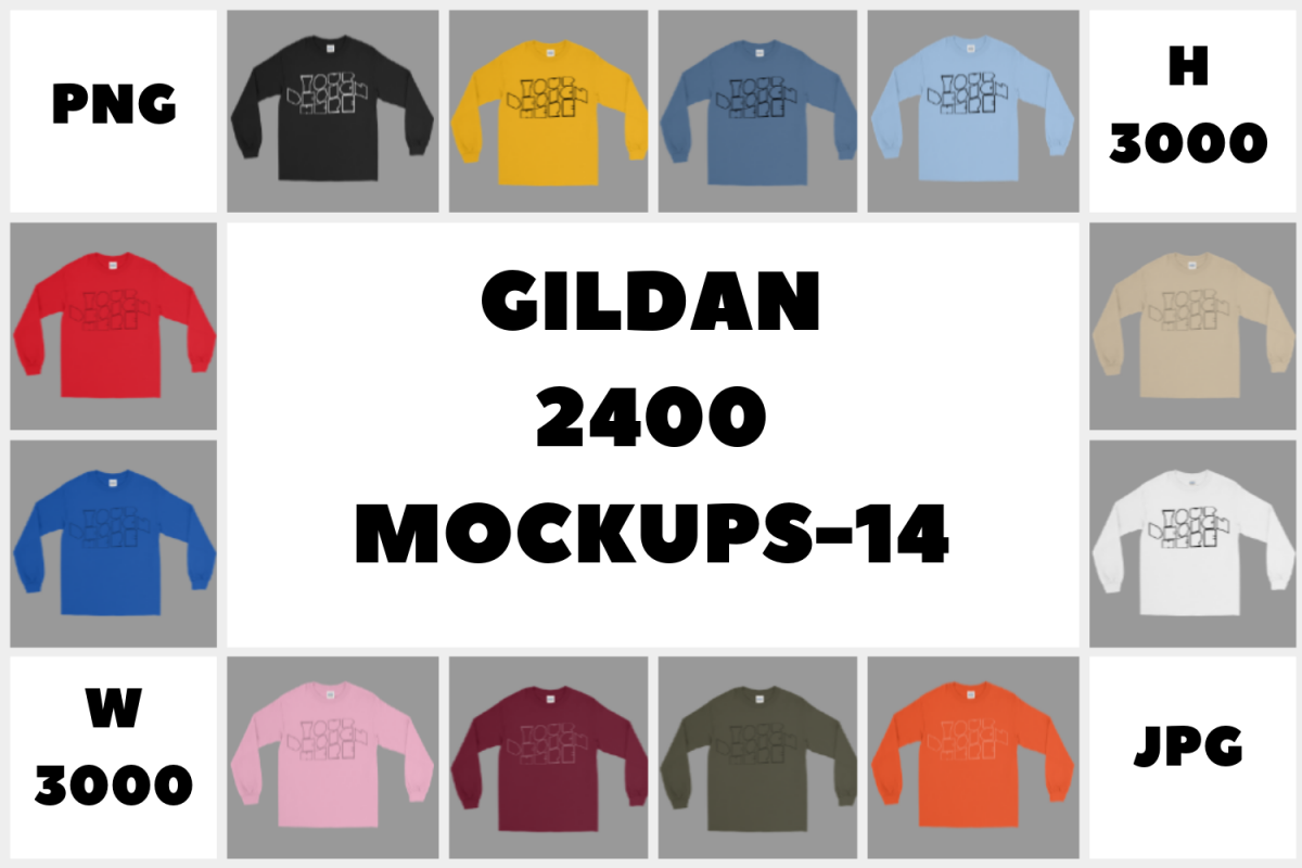 Download MEGA BUNDLE Gildan 2400 Long Sleeve T-Shirt Mockups - 14|PNG