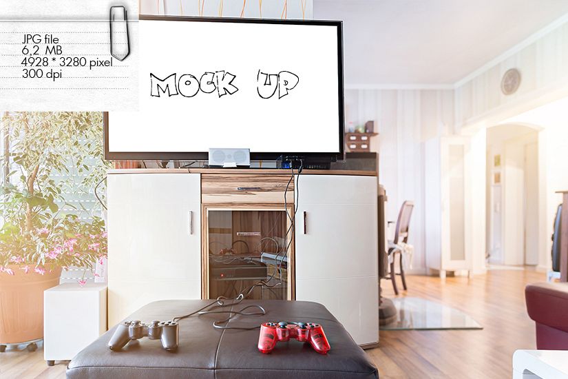 Mock Up - widescreen TV and joysticks with game console example image 1