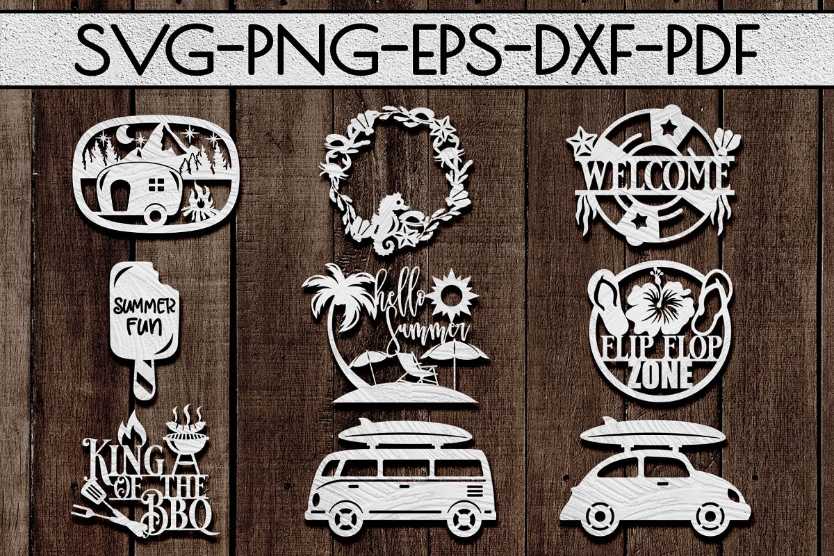 Summer Sign Papercut Templates Bundle, Beach SVG, DXF, PDF example image 1
