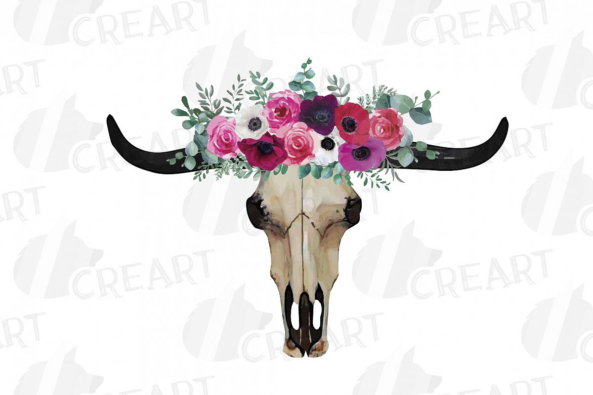 Watercolor floral anemone and roses longhorn bull skull (232428