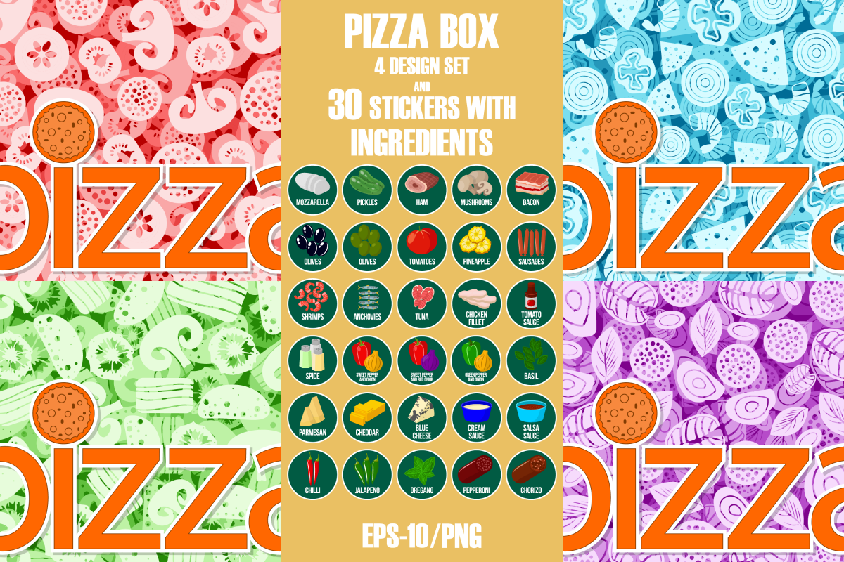 Pizza box design set with stickers. example image 1