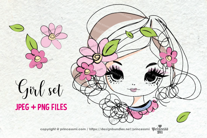 hand drawn pretty girl art set, girl face with flowers example image 1