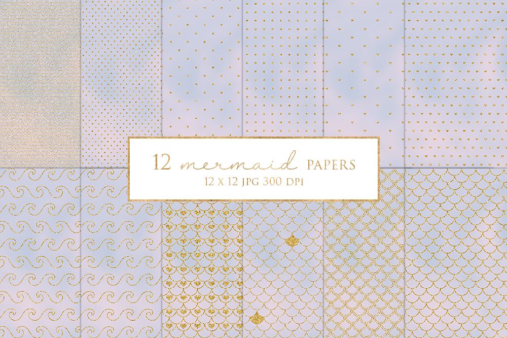 12 Gold Glitter Mermaid Digital Paper Pack example image 1