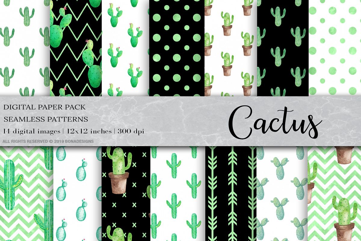 Watercolor Cactus Digital Papers, Cactus Patterns example image 1