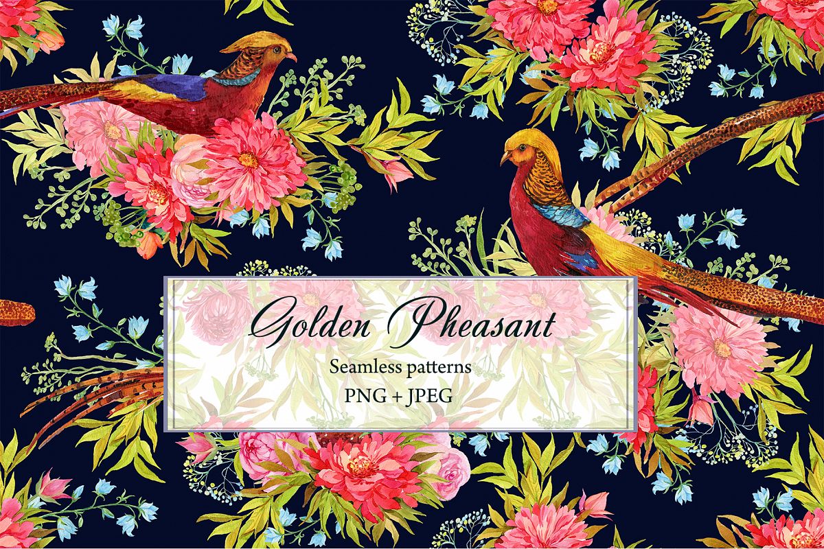 Pheasants Flowers Seamless Pattern example image 1