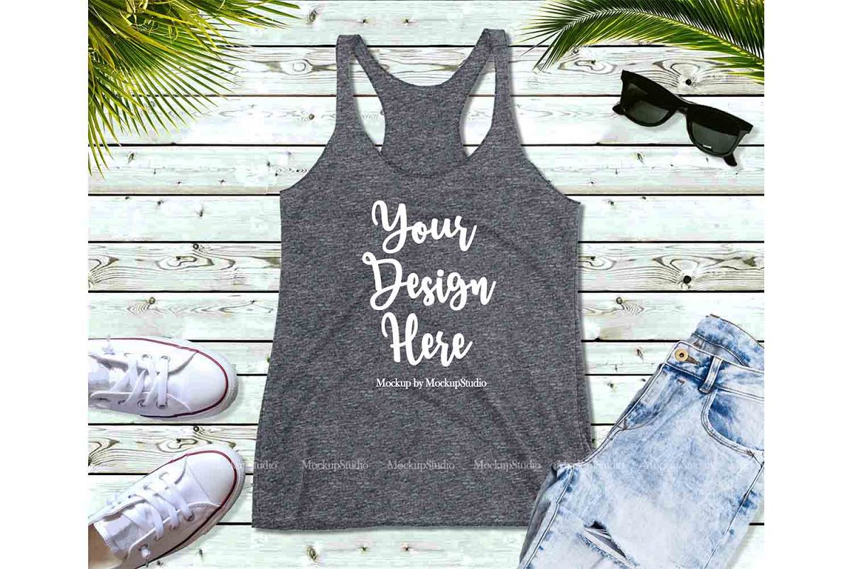 Heather Gray Tank Top Mockup, Tank Top Mock Up Flat lay example image 1