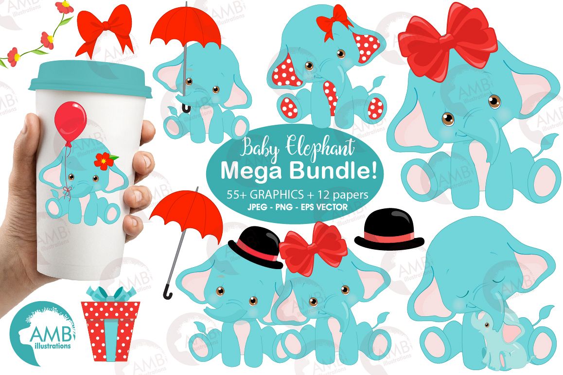 BABY ELEPHANT BUNDLE! 53 cliparts, graphics and illustrations and Patterns AMB-2273 example image 1