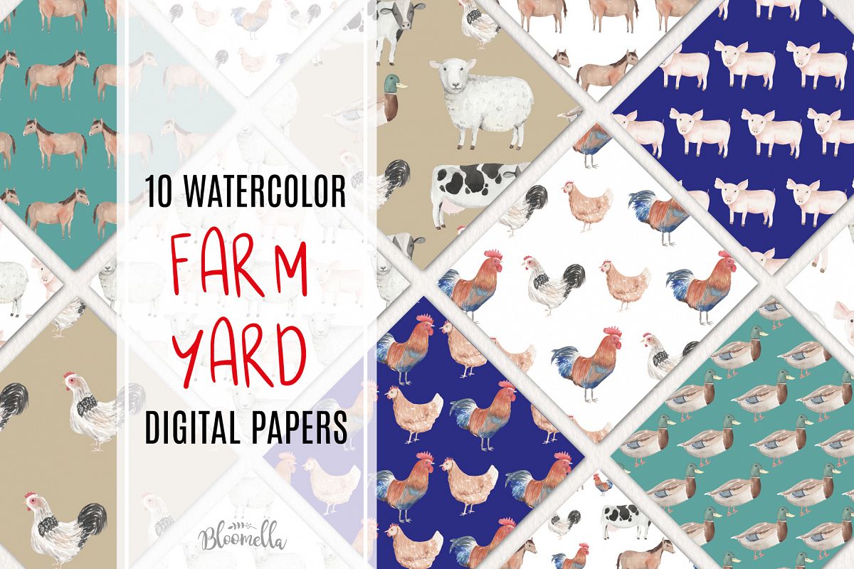 Farm Yard 10 Seamless Patterns Digital Papers Cute Animals example image 1