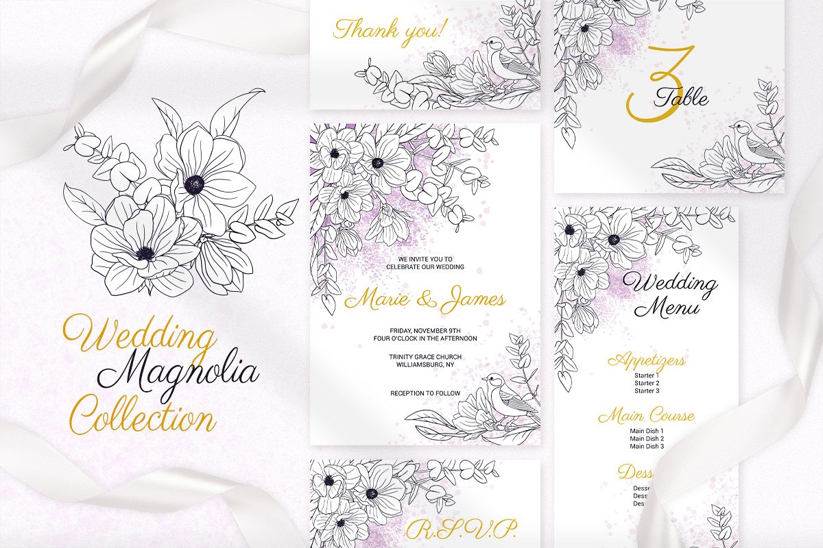 Magnolia Wedding Invitation Cards Floral Printable Templates example image 1