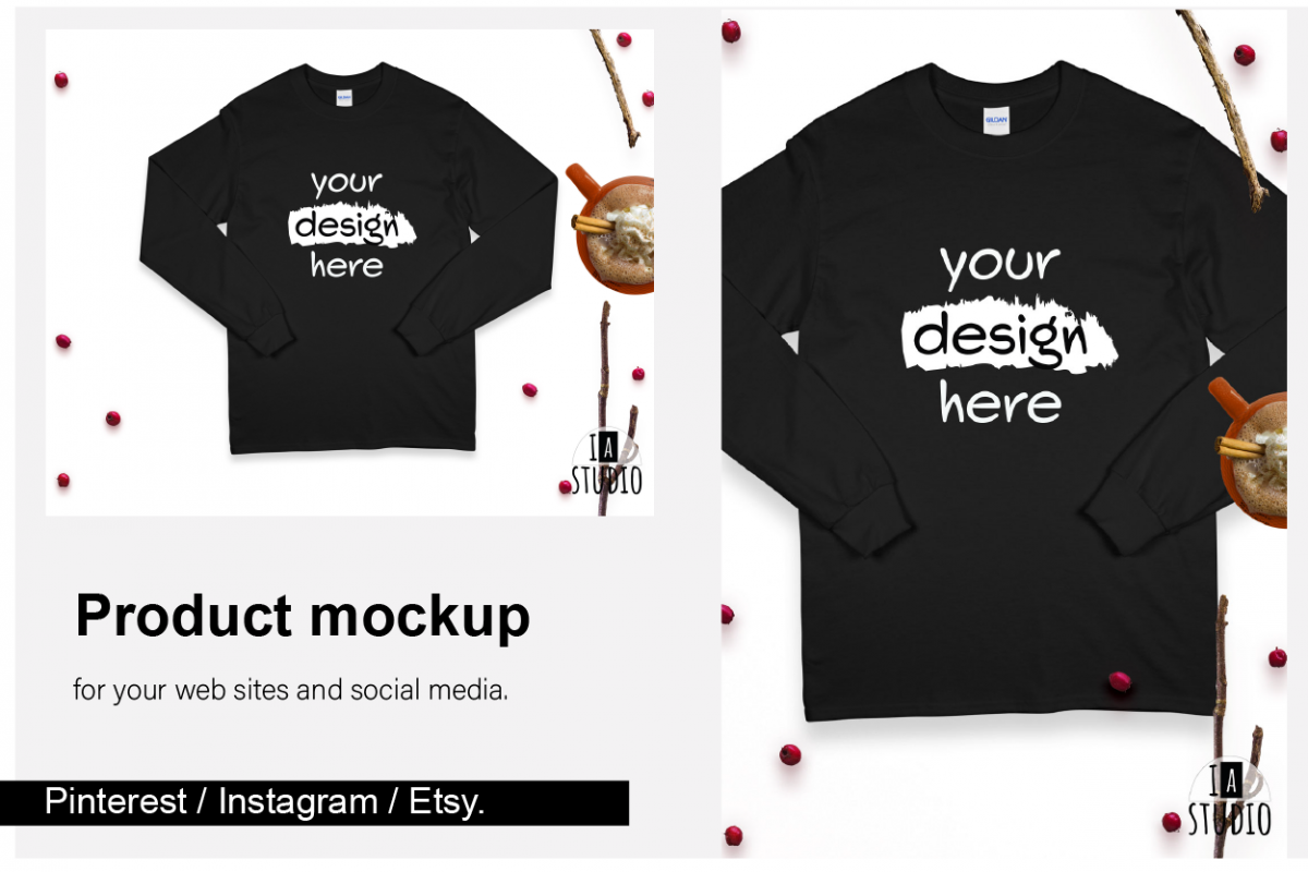 Christmas Long Sleeve Tee Mockup / Gildan 2400 / Black example image 1